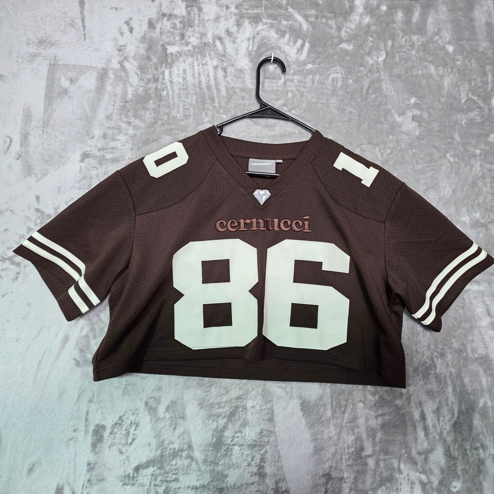 Cernucci Womens Brown Mesh Cropped Football Jersey 86 Graphic Top Small